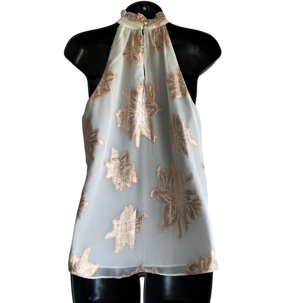 Express White Sleeveless Halter Top With Gold Foil Floral Print Size Small - Picture 4 of 5